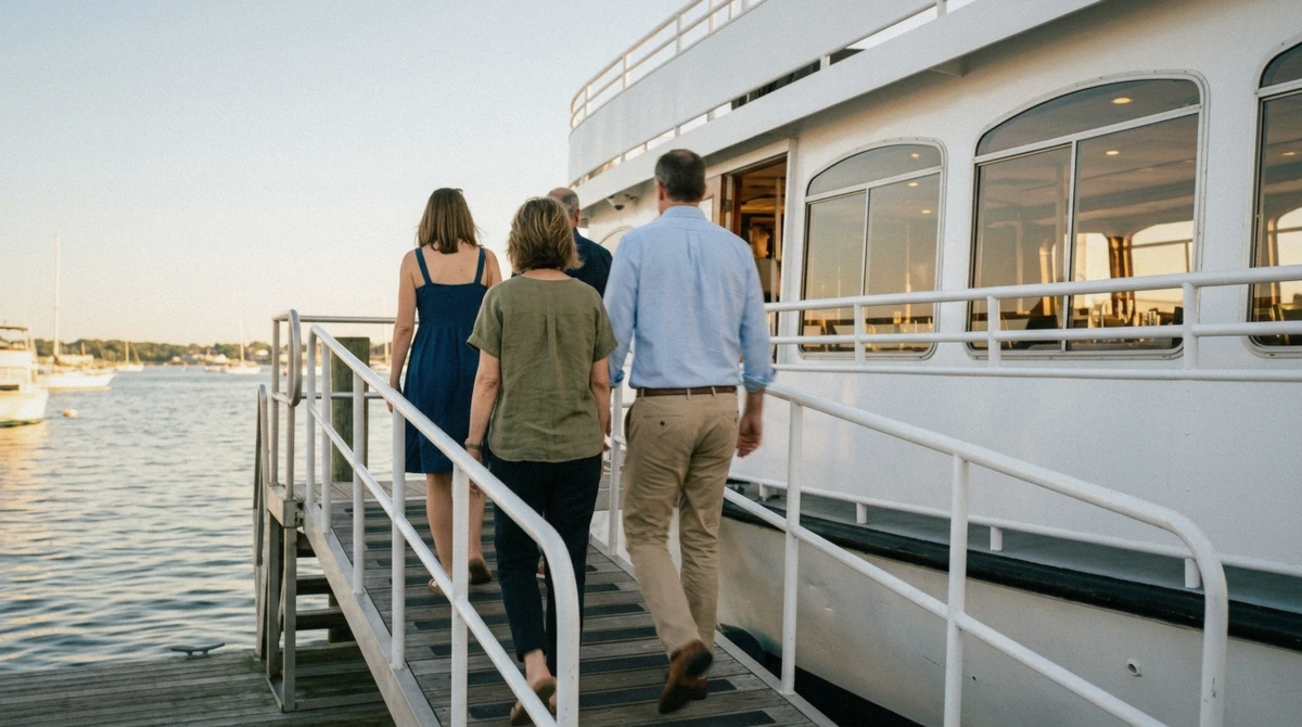 Guests in smart casual outfits boarding a Charleston dinner cruise at golden hour
