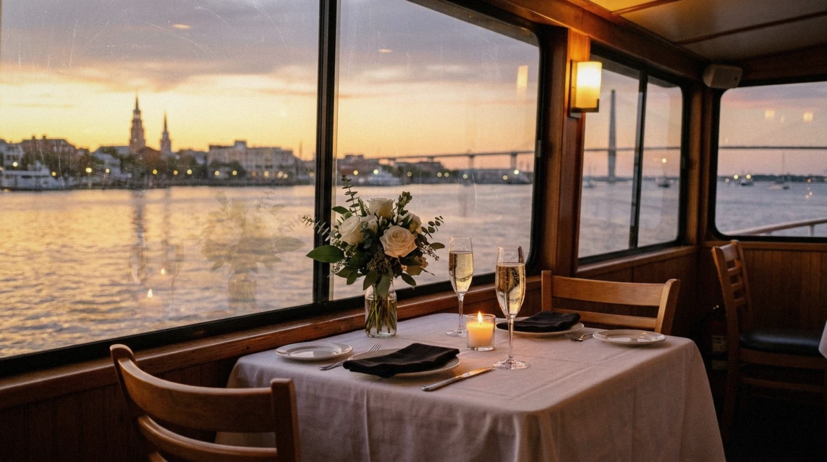 Anniversary table for two set with roses and sparkling wine aboard a Charleston dinner cruise at sunset