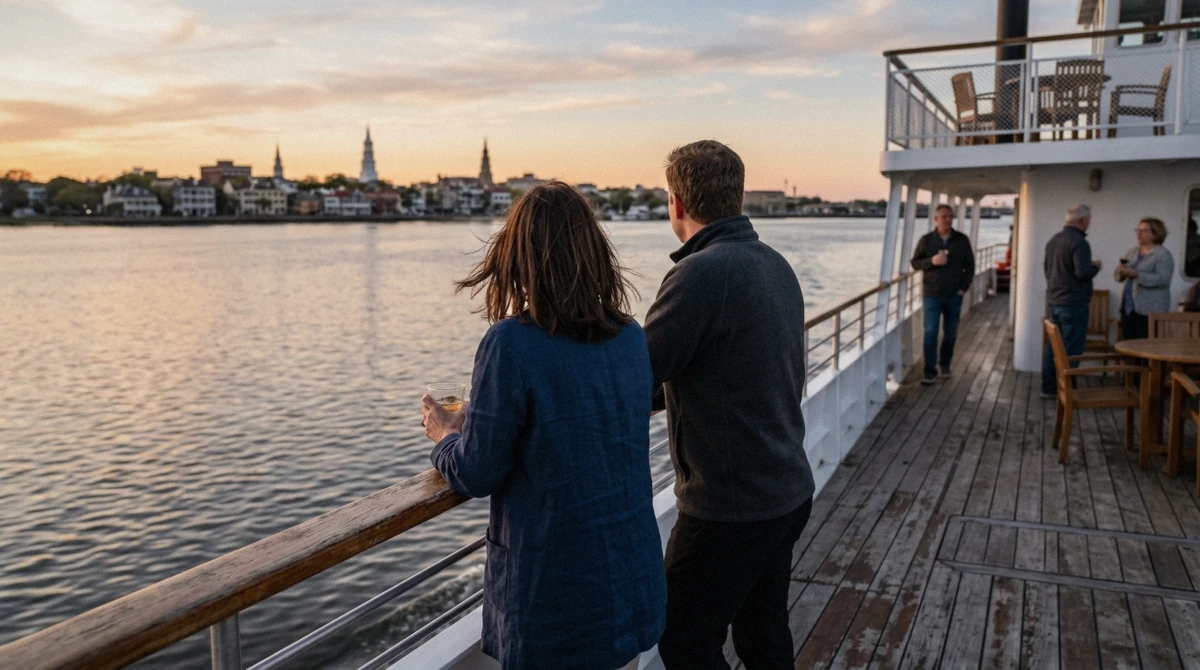 Two passengers at the rail at golden hour deciding if a Charleston dinner cruise is worth it
